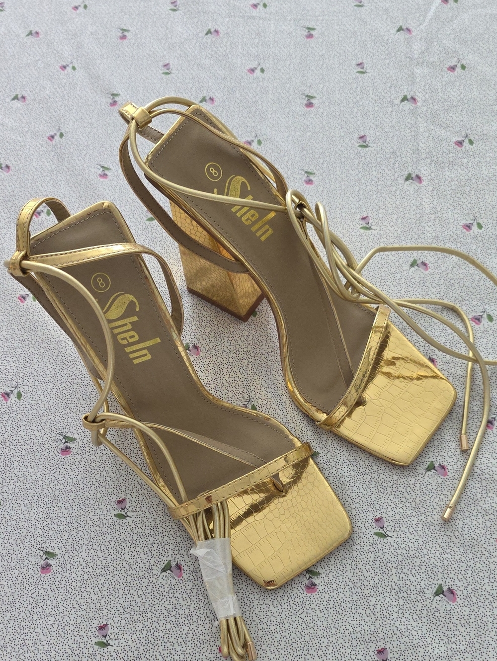 SHEIN Metallic Gold Croc-Embossed Lace-Up Block Heel Sandals